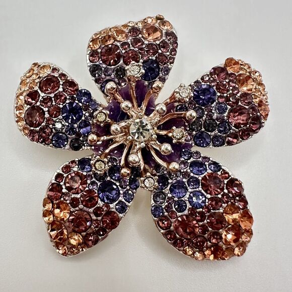 Anne Klein Brooch Flower Rhinestone Silver Tone Pin Festive Party Career - Picture 5 of 13